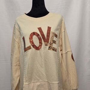 POL Cream Pullover Sweatshirt with 'LOVE' Appliqué in Rust Tones
